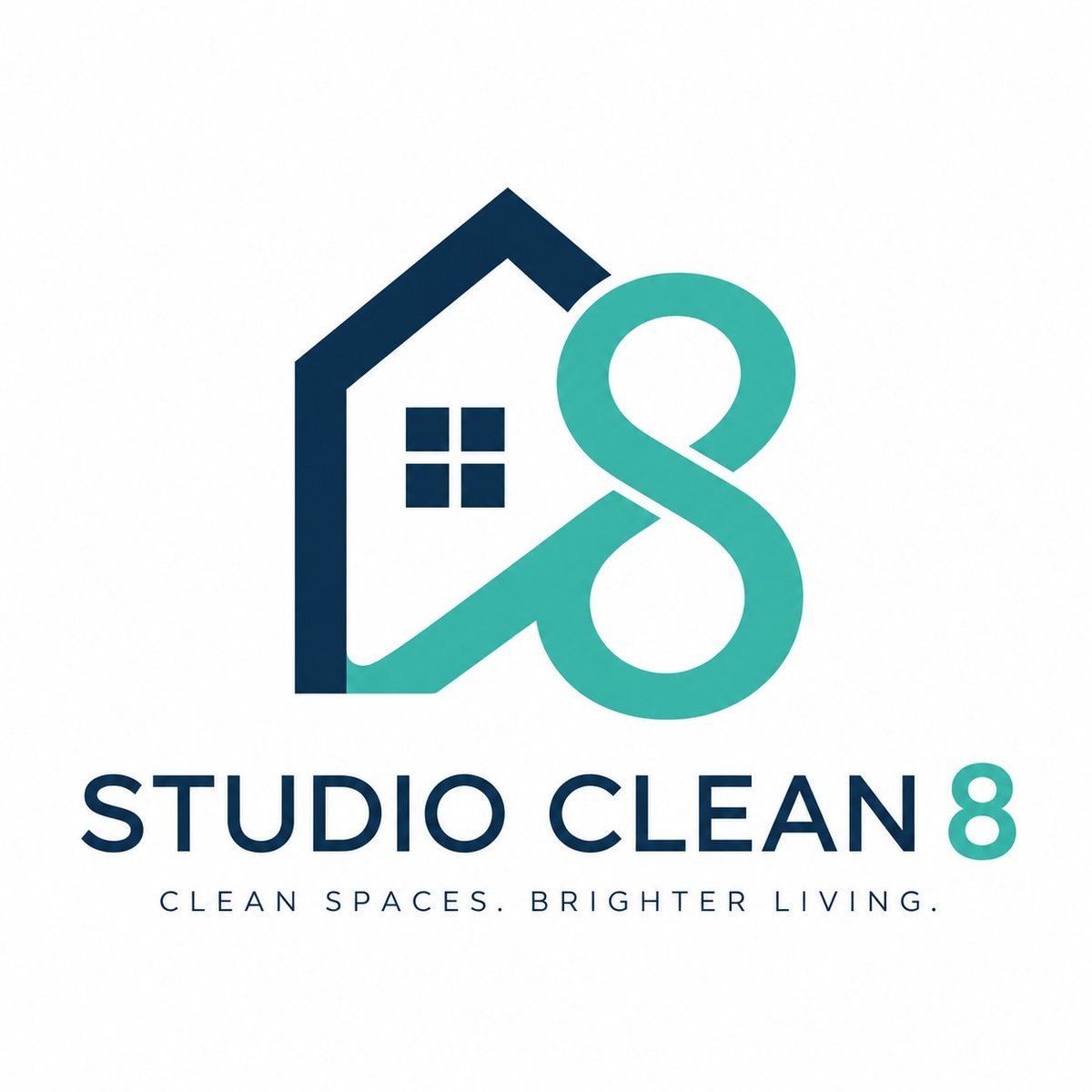 Studio Clean 8 logo featuring a house outline with window and turquoise number 8, tagline Clean Spaces Brighter Living