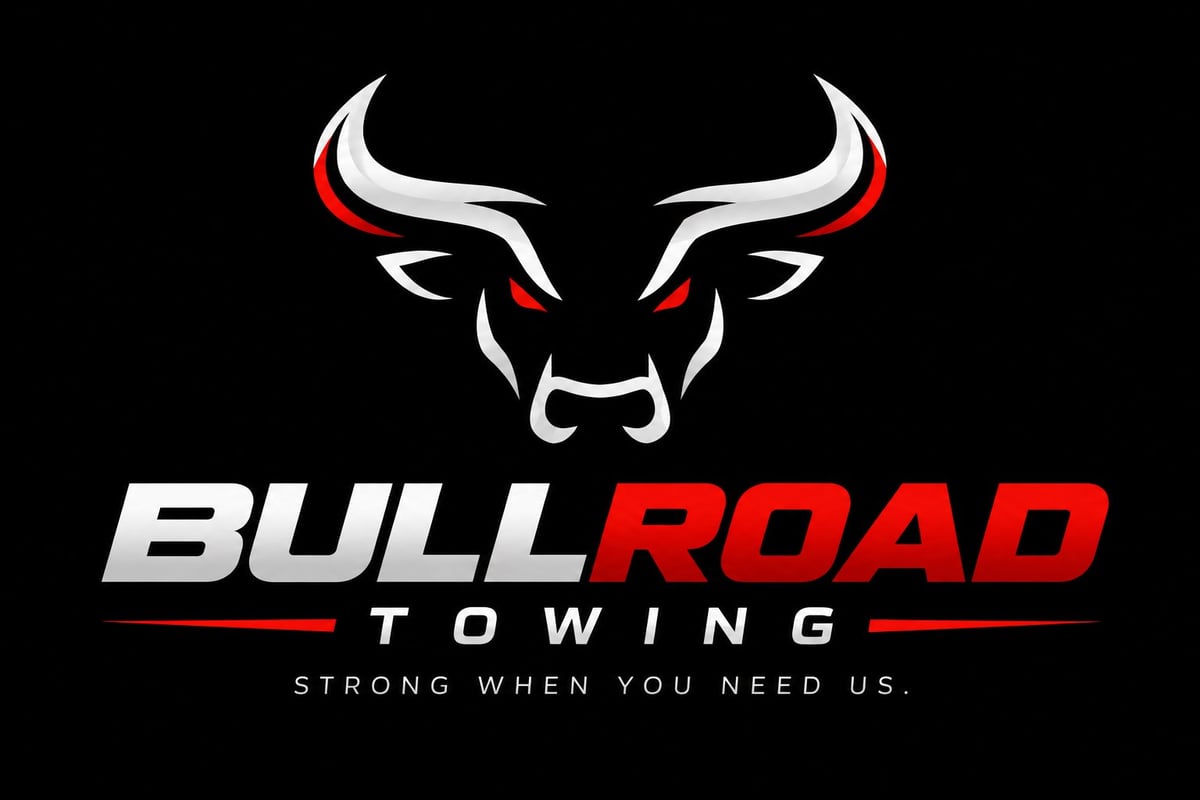 Bull Road Towing logo featuring a red and white stylized bull head with horns above text reading Bull Road Towing and tagline Strong When You Need Us