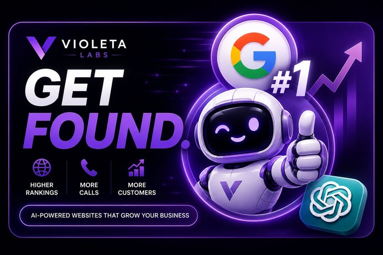 Violeta marketing banner showing a robot mascot with Google #1 badge, promoting AI-powered websites for business growth
