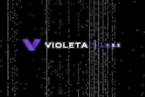 Violeta Labs logo with purple checkmark symbol on dark background with digital matrix pattern