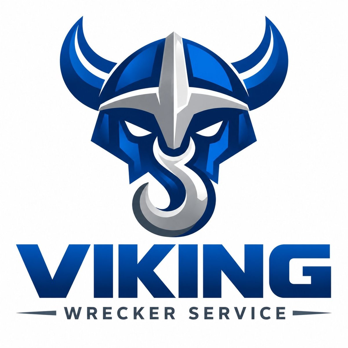 Viking Wrecker Service logo featuring a blue horned Viking helmet with gray cross and hook design above bold text