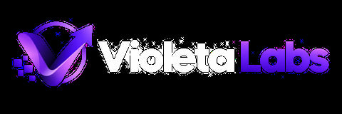 Violeta Labs logo with purple checkmark icon and company name in white and purple text on black background
