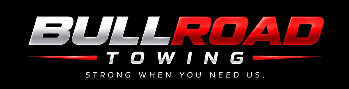 Bullroad Towing logo with tagline Strong When You Need Us on black background