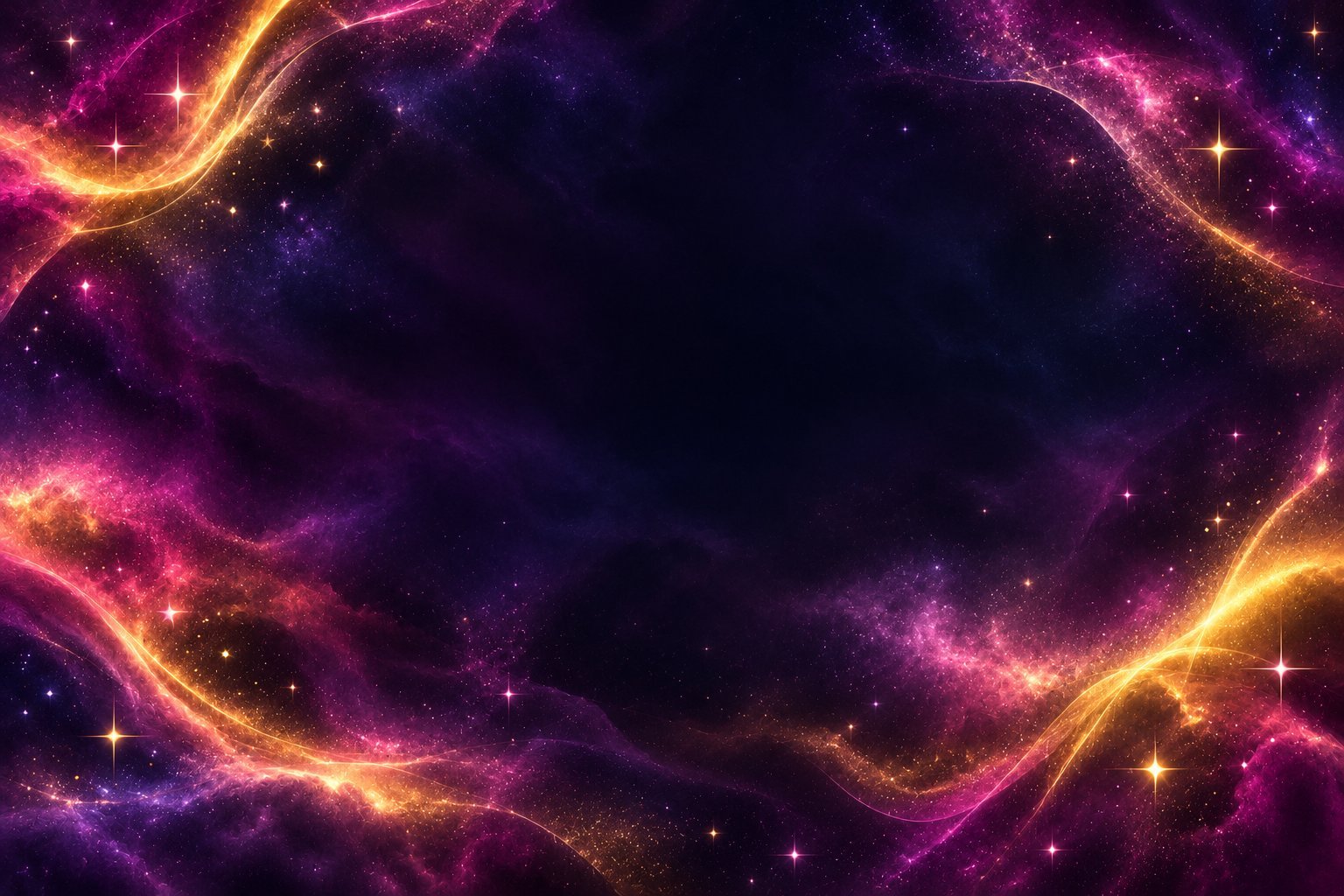 Abstract cosmic background with glowing purple and golden energy waves and stars on dark space
